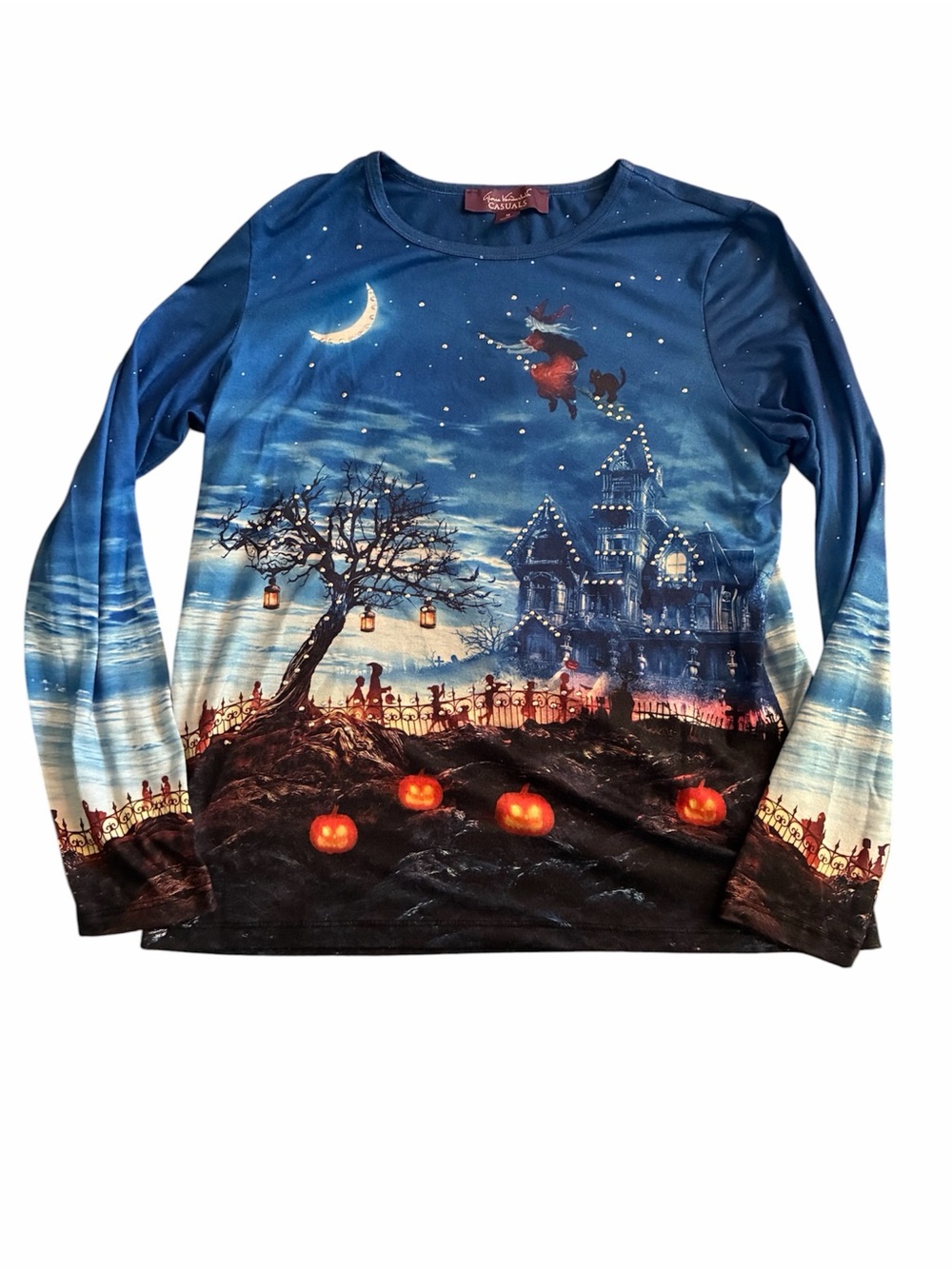 Gloria Vanderbilt Witch Haunted House Graphic Top M Rhinestone Halloween